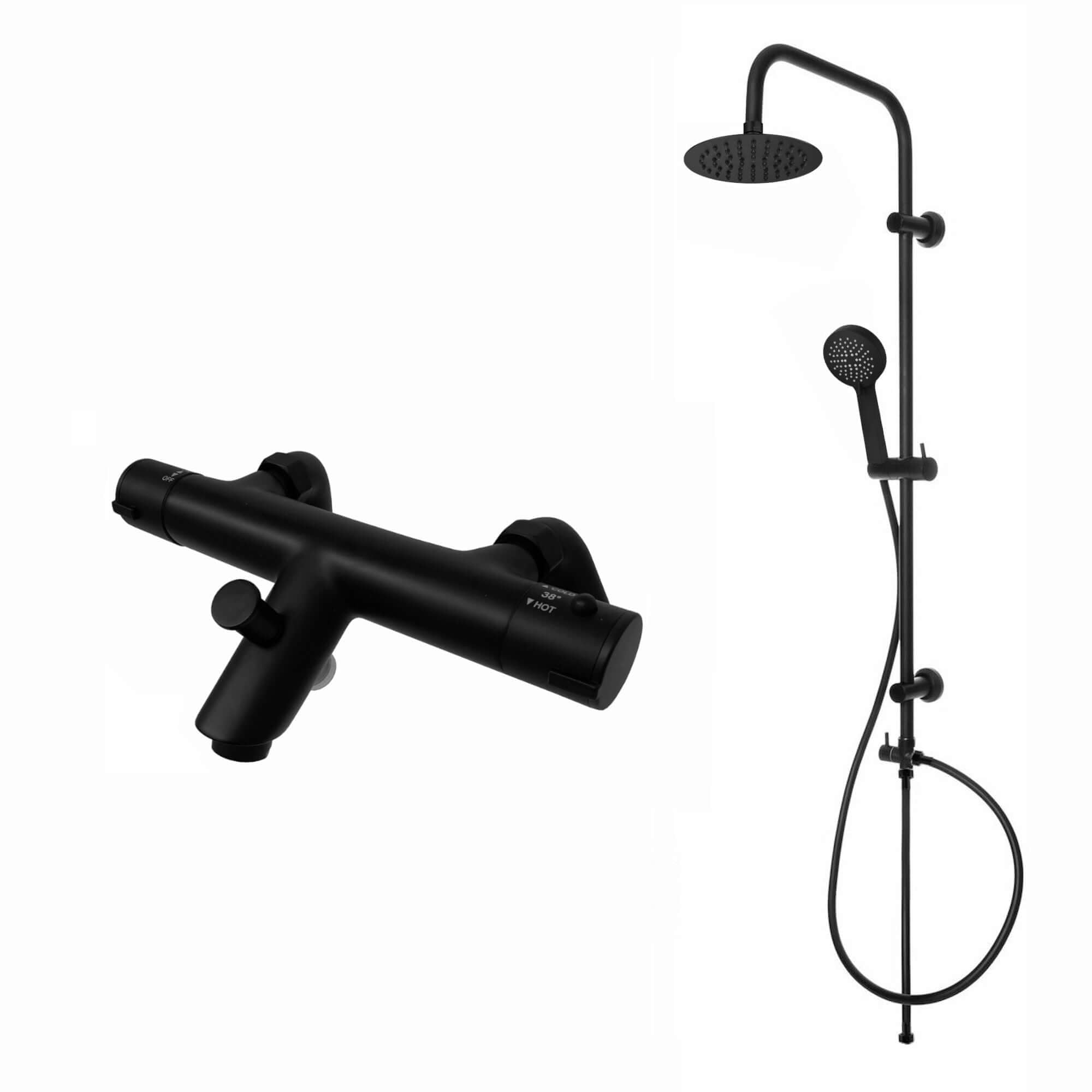 Dune thermostatic bar bath shower mixer valve with dual rigid riser kit, 200mm overhead rain shower and handheld - matte black - Showers